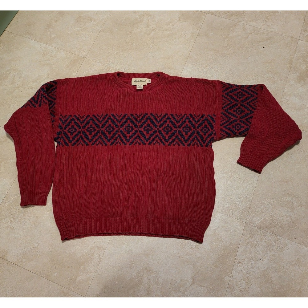 Vintage Eddie Bauer USA Made Red Knit‎ Diamond Pattern Sweater Mens Size L Large